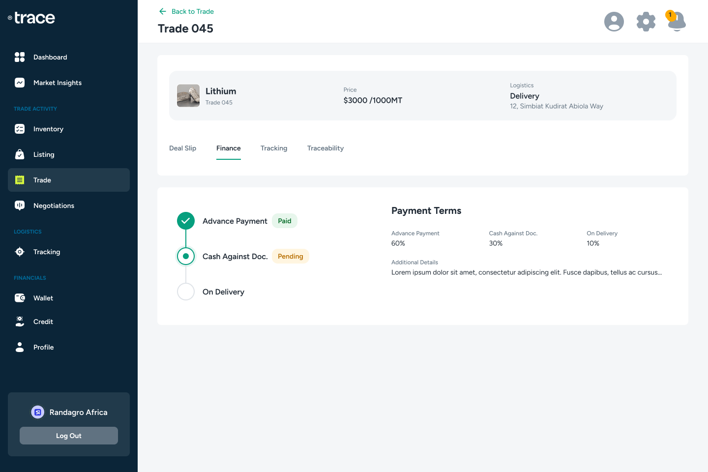 Trade Finance tab: three-stage payment milestones with live status