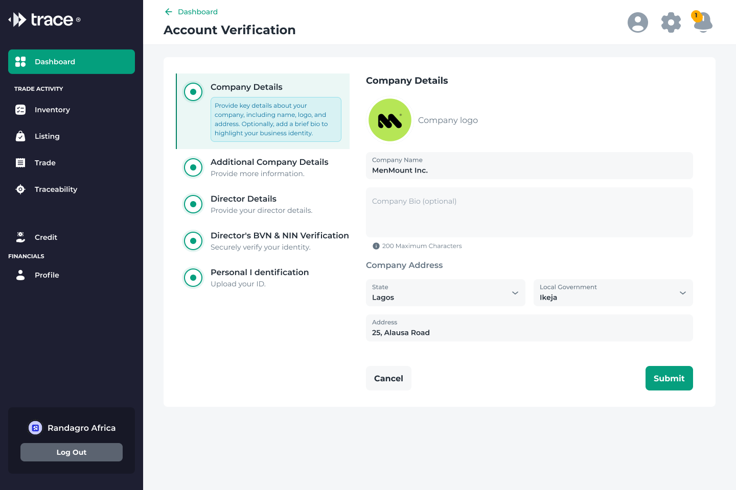 KYB step 1, Company Details: name, logo, and registered address, with the five-step verification checklist alongside