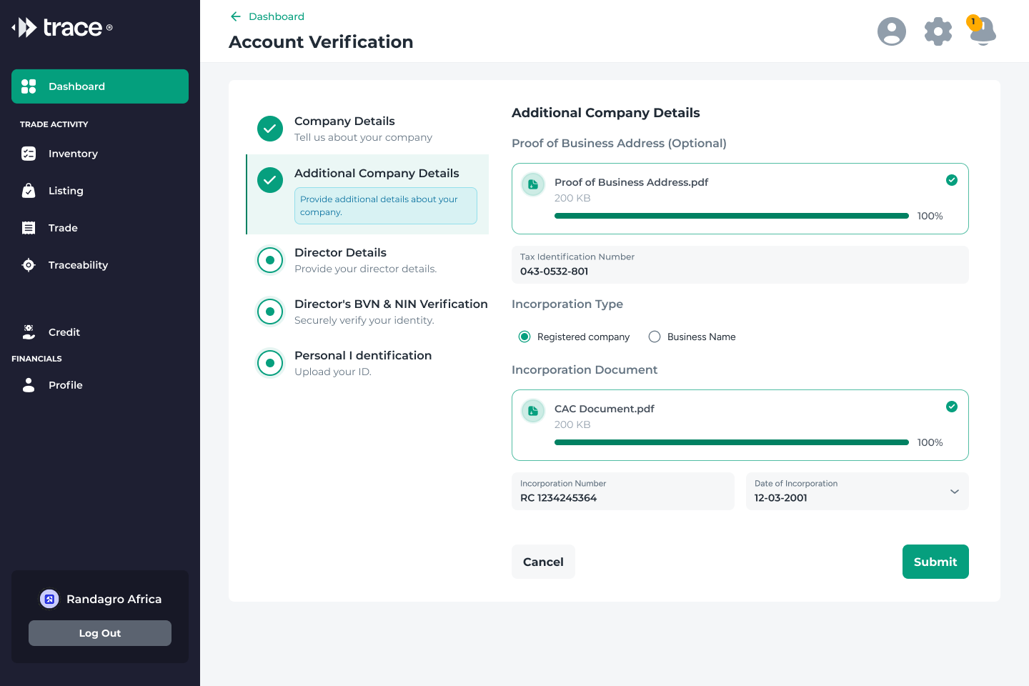 KYB step 2, Additional Company Details: proof of business address, tax identification number, incorporation type, and CAC document upload