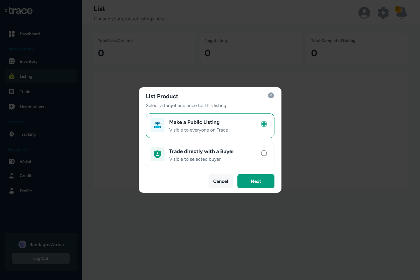 Listing wizard: two paths: public listing or direct trade