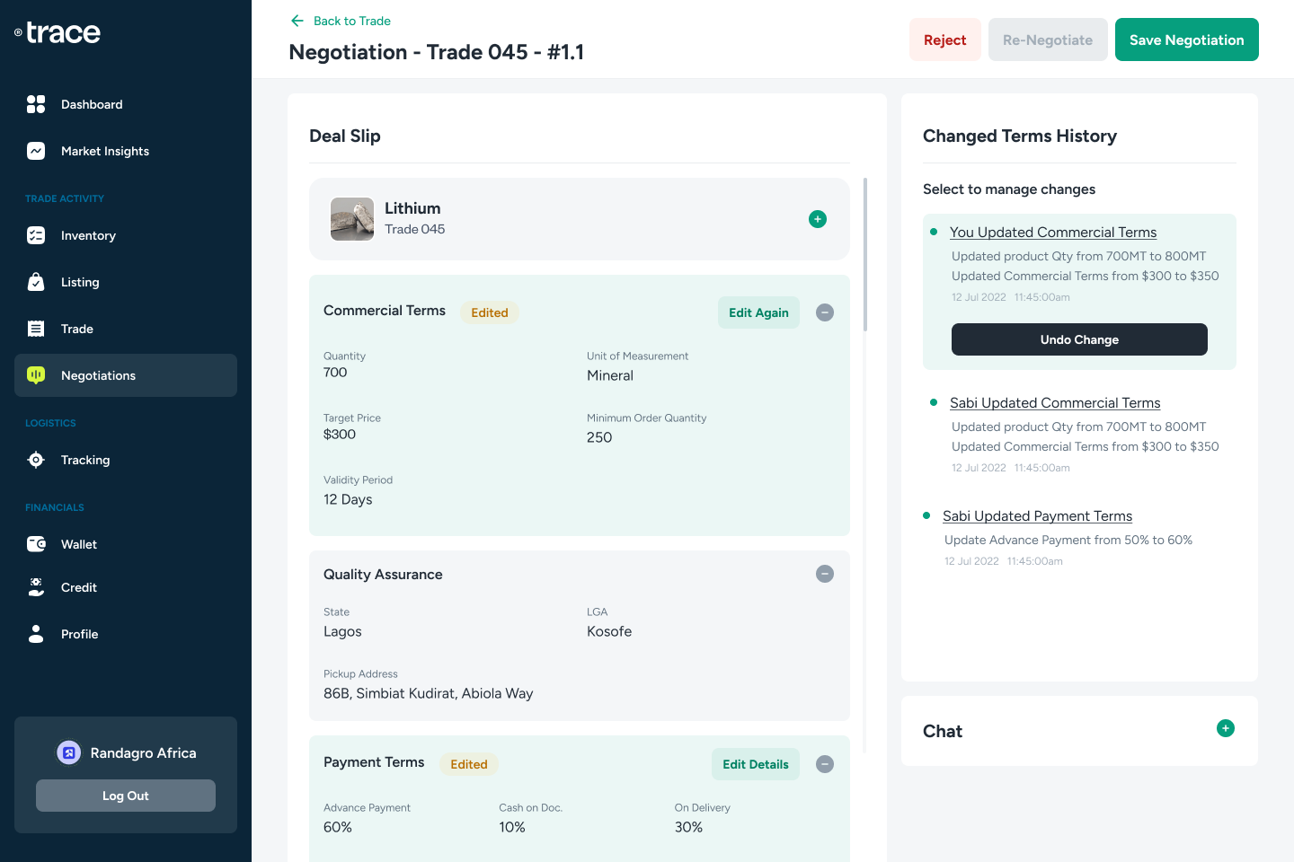 Negotiation detail: versioned deal slip with changed terms history and undo