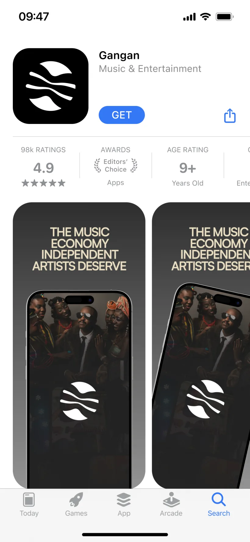 Gangan App Store listing: drum-mark app icon, 4.9 rating, Editors' Choice, and 'the music economy independent artists deserve' screenshot previews