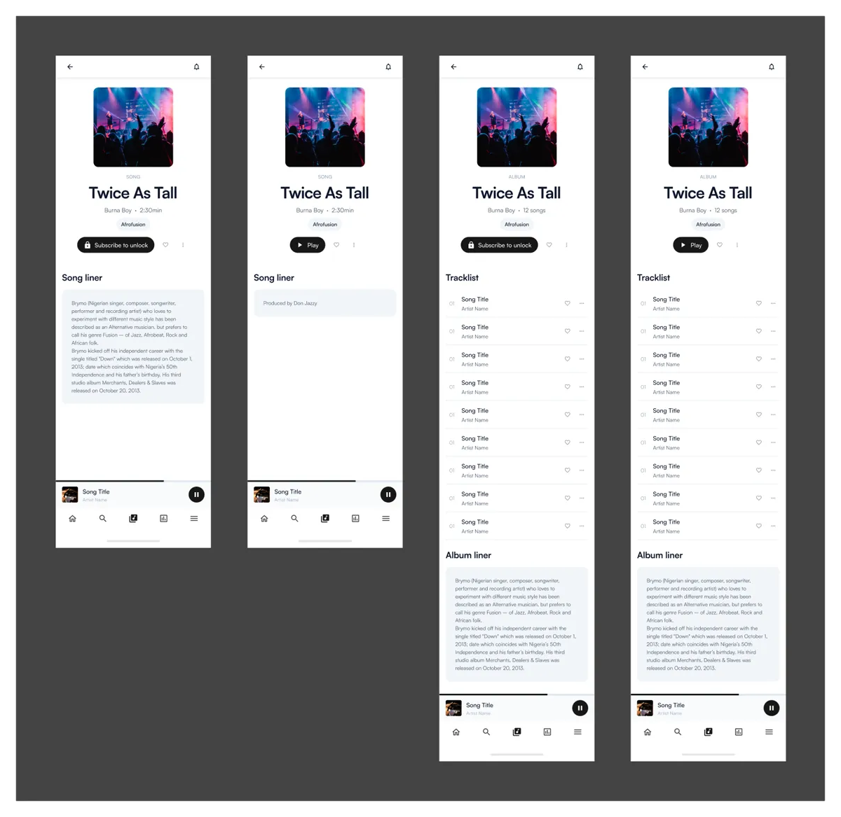 Content detail — track info, artist context, subscription prompt