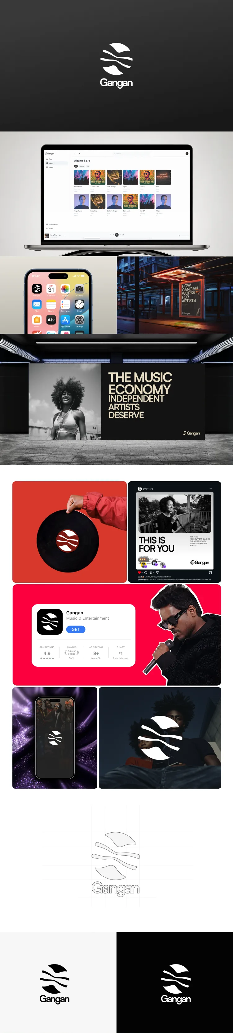 Gangan brand identity: talking-drum mark, color palette, and applications