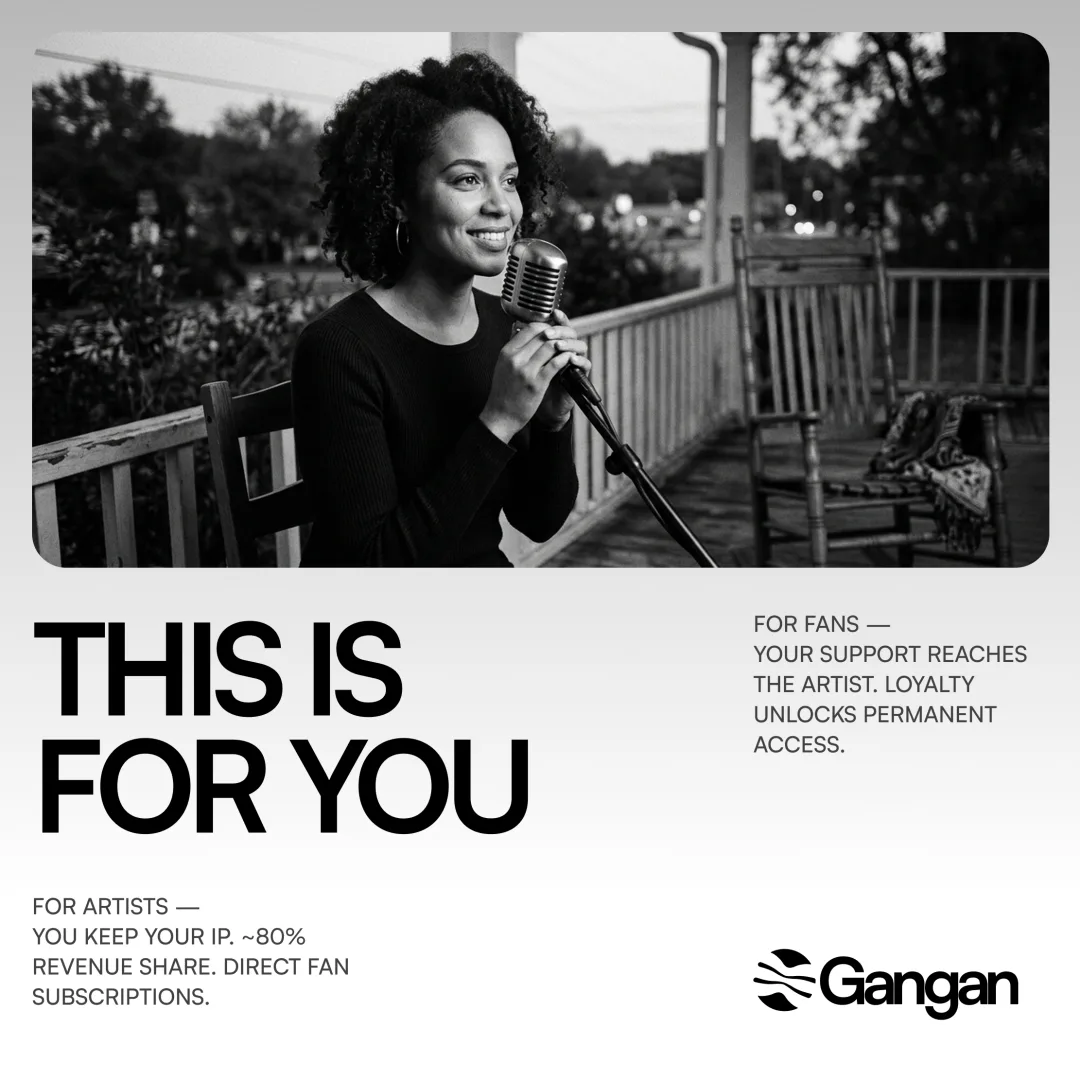 Gangan social template: 'This is for you' over a black-and-white portrait of an artist at the mic, with the artist and fan value propositions