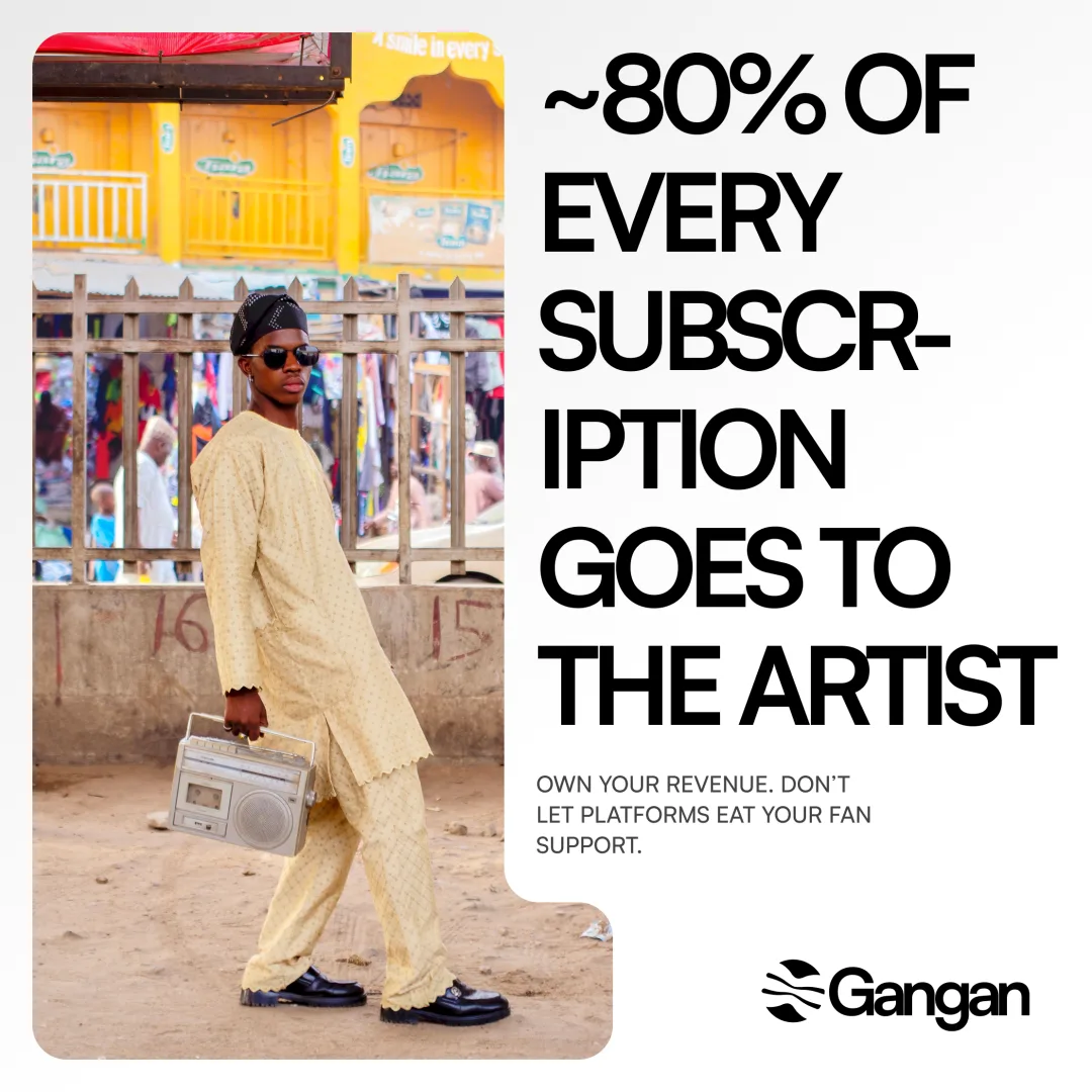 Gangan social template: '~80% of every subscription goes to the artist' beside a street portrait of a musician with a boombox