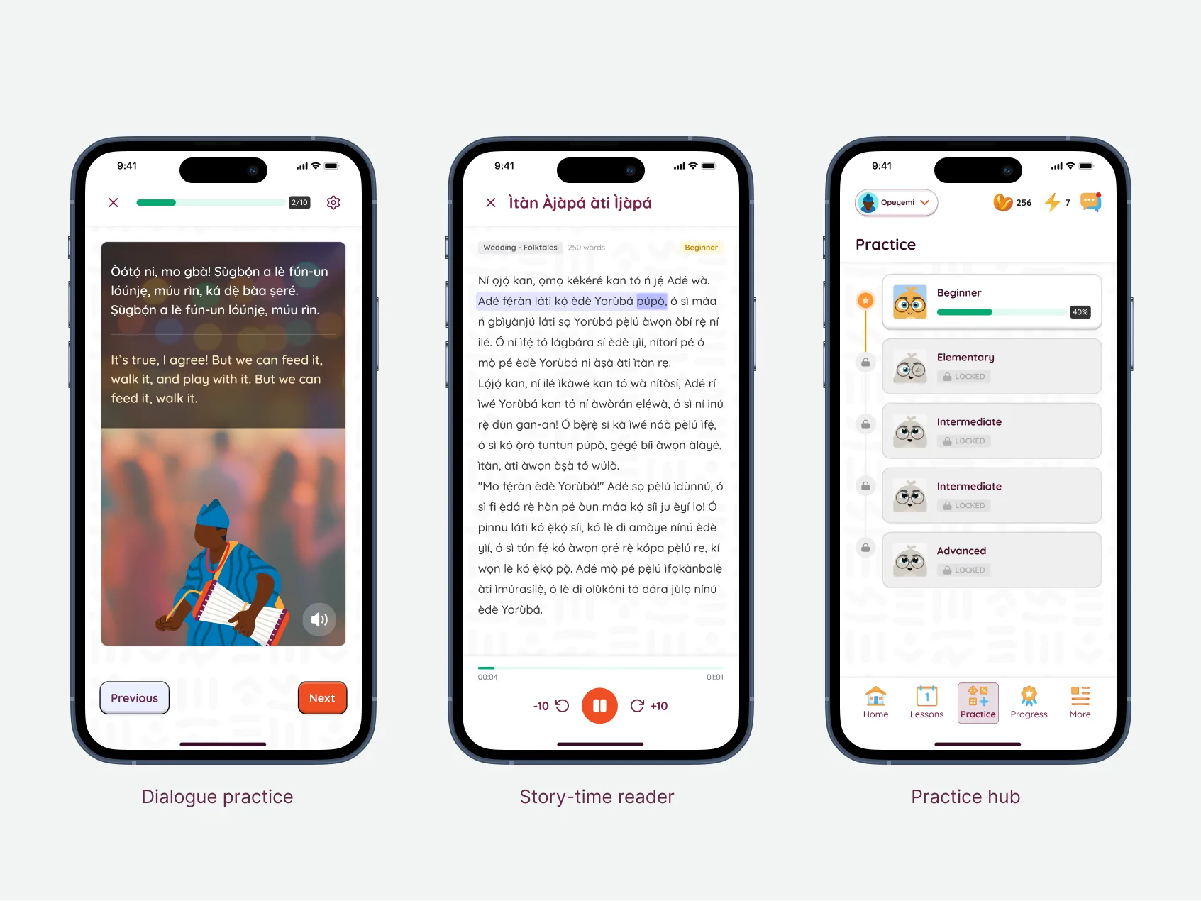 Three more Lingawa exercise types on phones — dialogue practice, the story-time reader, and the practice hub
