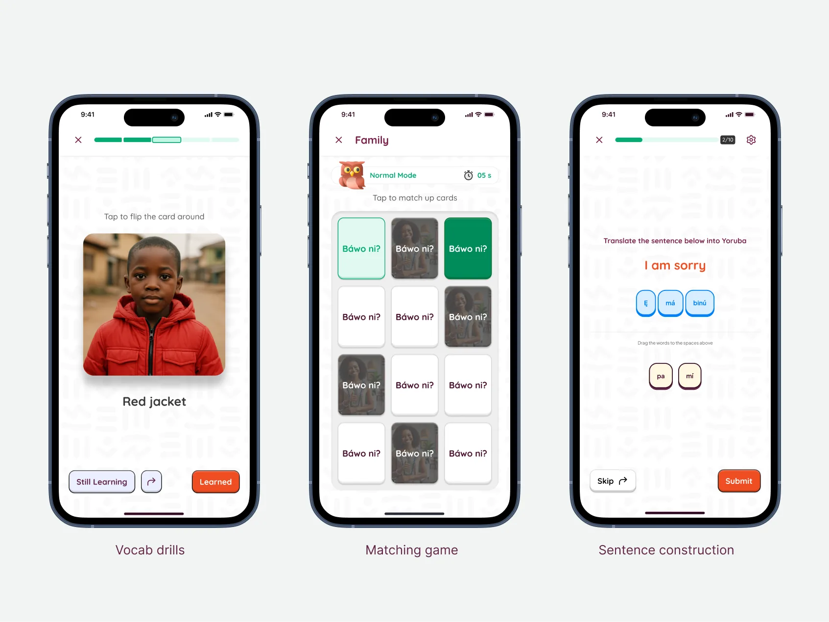 Three Lingawa exercise types on phones — a vocab-drill flashcard, a matching-game grid, and the sentence-construction builder