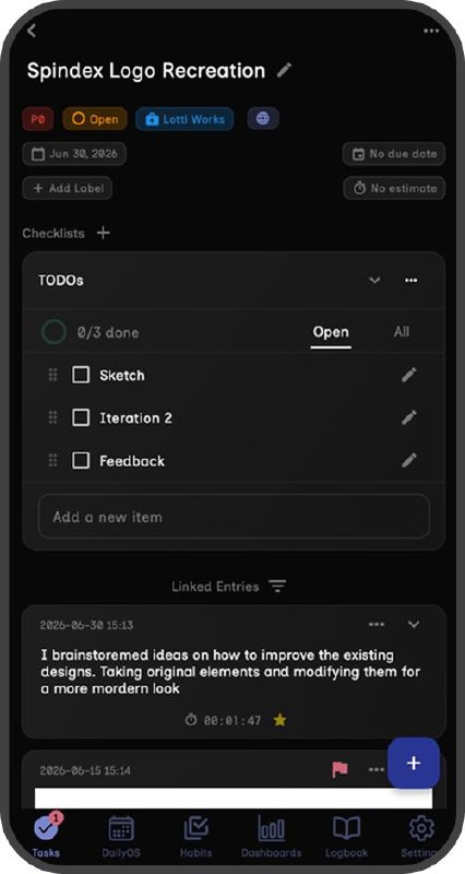 Original task detail screen: overloaded with competing labels, checklists, and linked entries with no visual priority